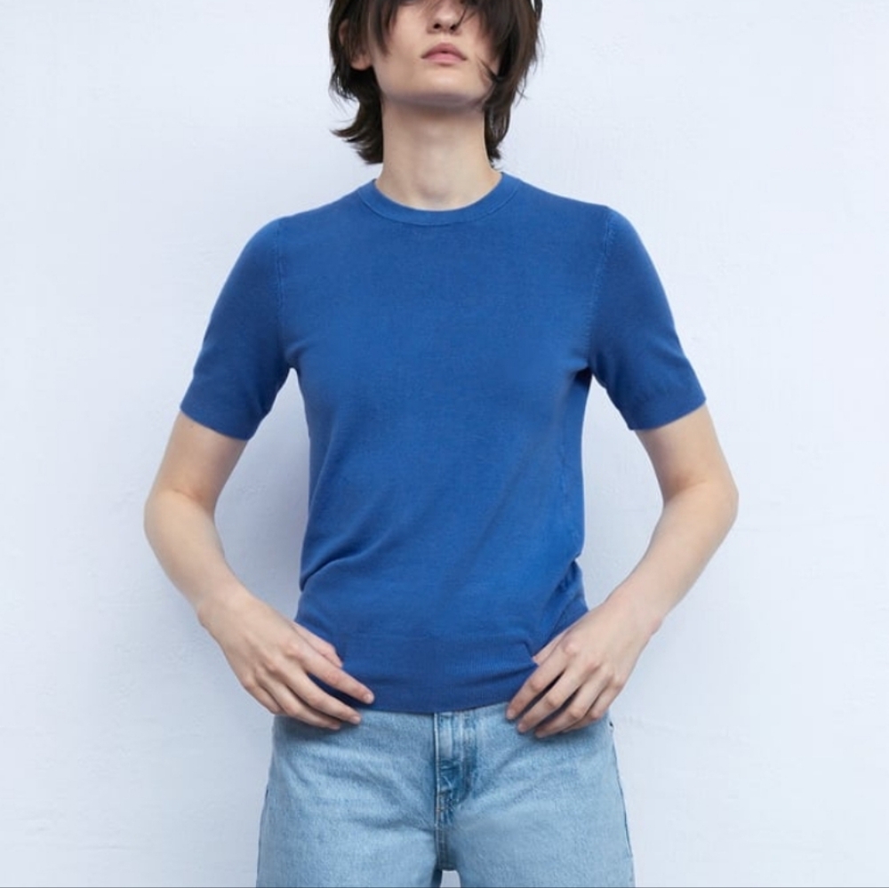 Zara Crew Neck Royal Blue Short Sleeve Knit Sweater Top